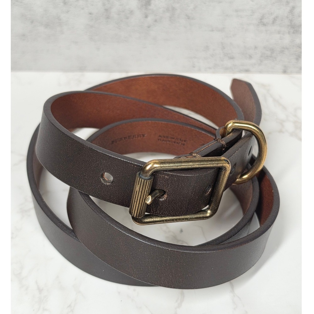 Burberry Mens Dark Brown Leather Belt 44 110 Made in Italy Antique Brass Buckle
